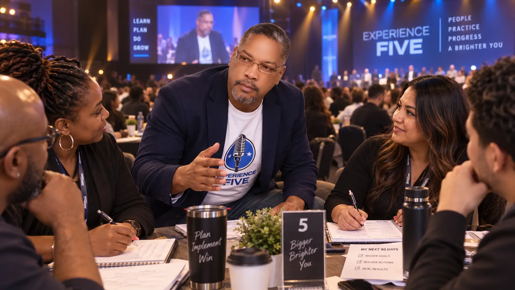 Gerard coaching a table of attendees through their workbook exercises
