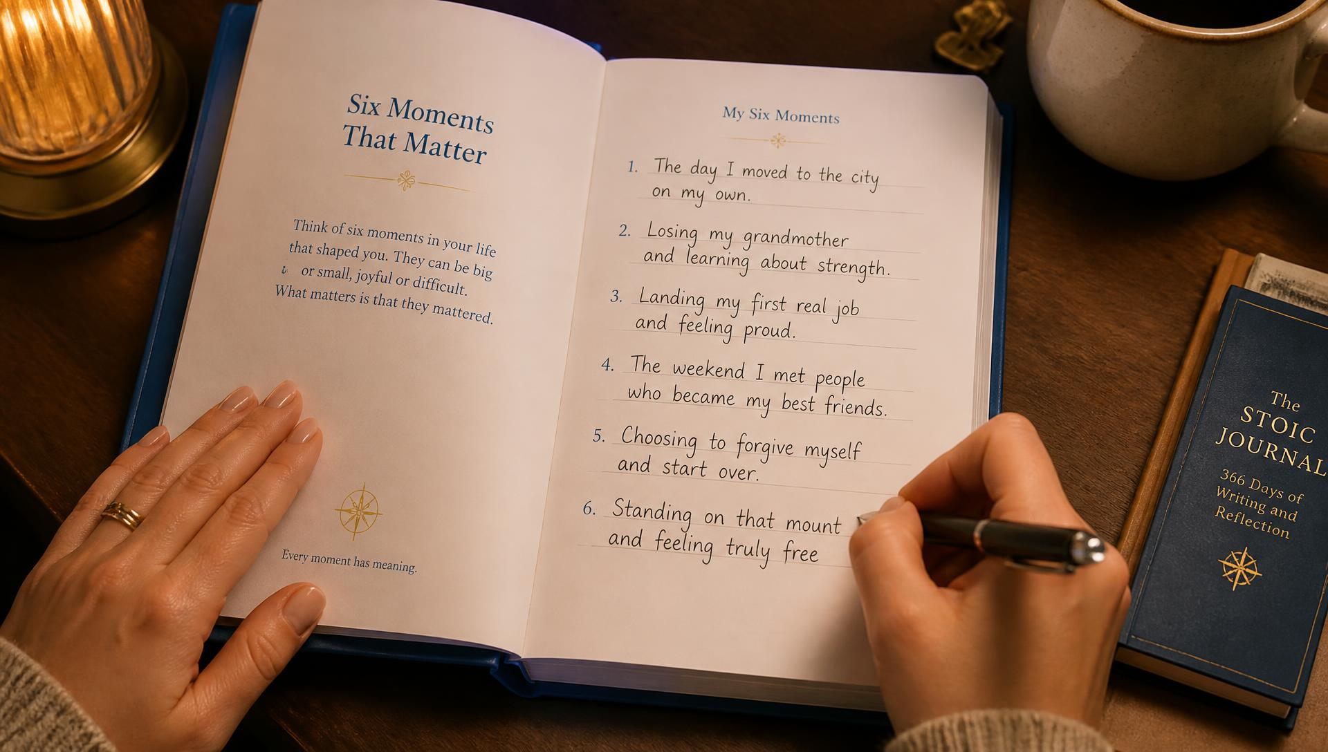 Hands writing six defining moments into the workbook